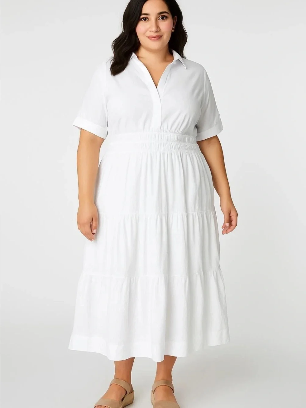 Anthropologie Shirt dress White Tiered Maxi with Smocked Waistband - Picture 2 of 13